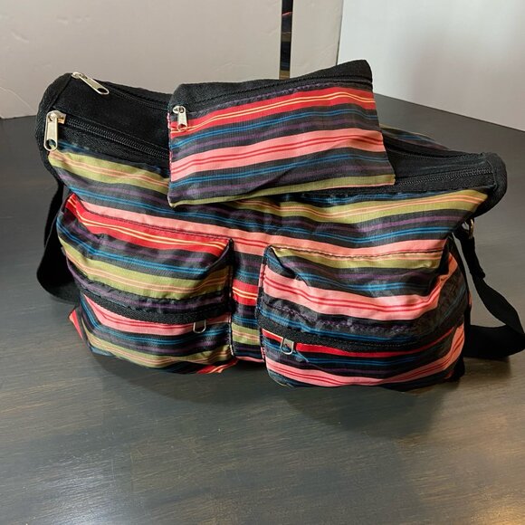 Multicolor Striped Nylon Crossbody Bag + Matching Zip Pouch - Picture 2 of 4